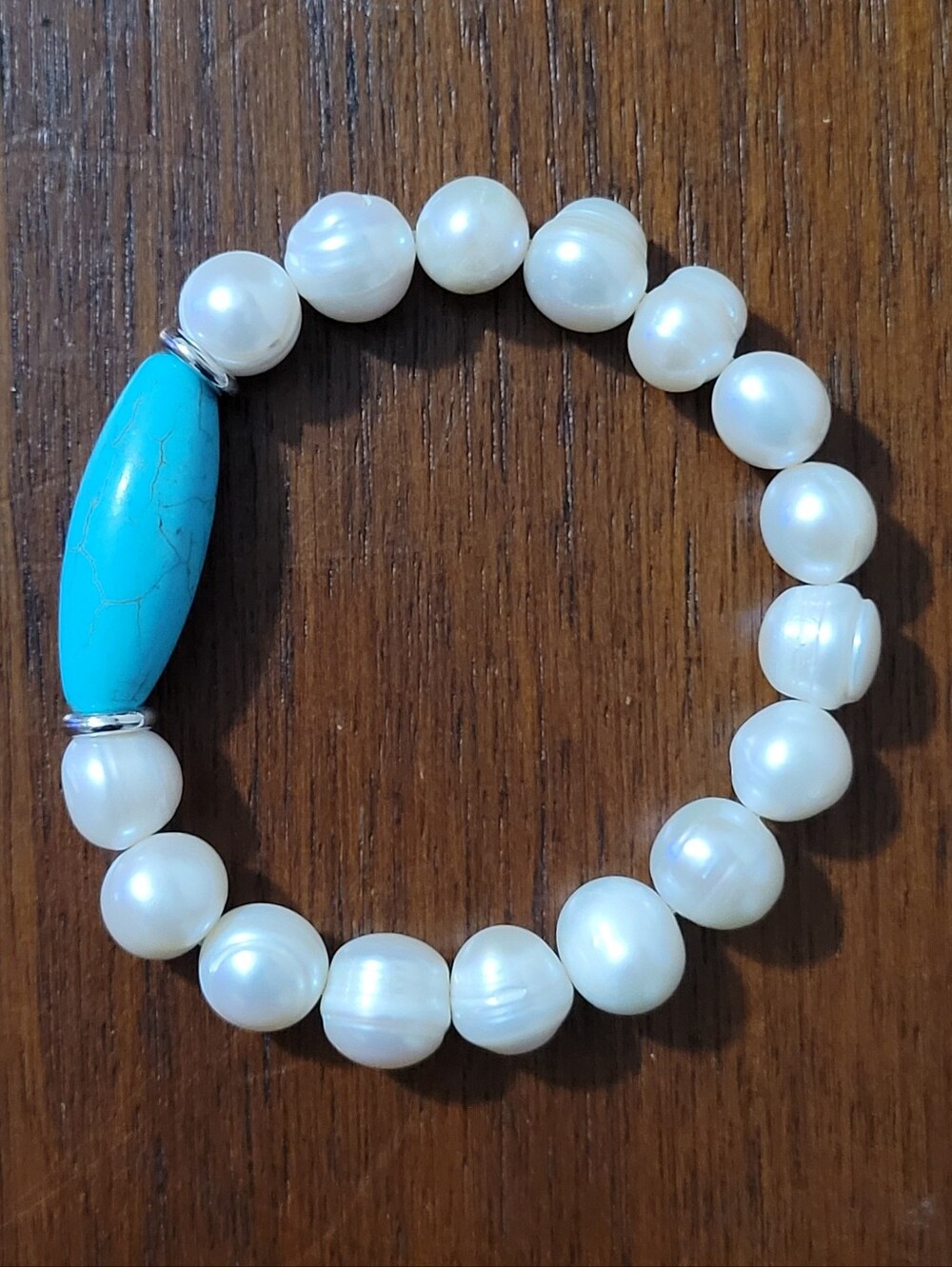 Freshwater Pearl & Turquoise Focal Bead Stretch Bracelet | Silver-Tone Accents